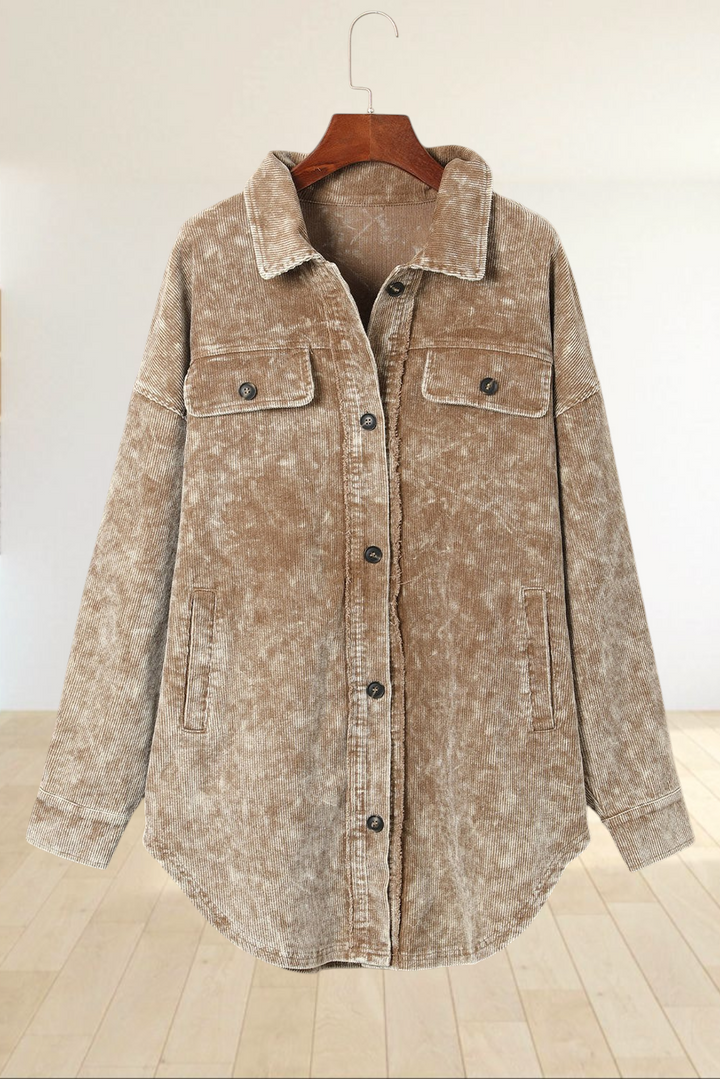 Baya Wear khaki mineral wash corduroy shacket with button-down front, chest pockets, and a relaxed oversized fit.