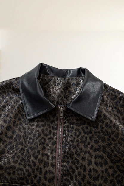 Baya Wear leopard print jacket with a black collar and front zip closure in a textured material