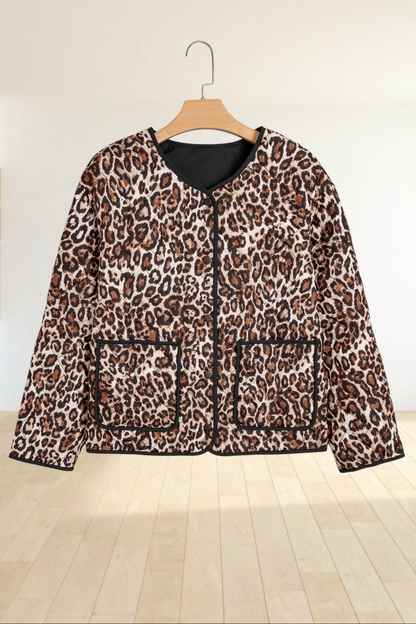 Baya Wear brown leopard print quilted jacket with black trim, button front, and two front patch pockets.