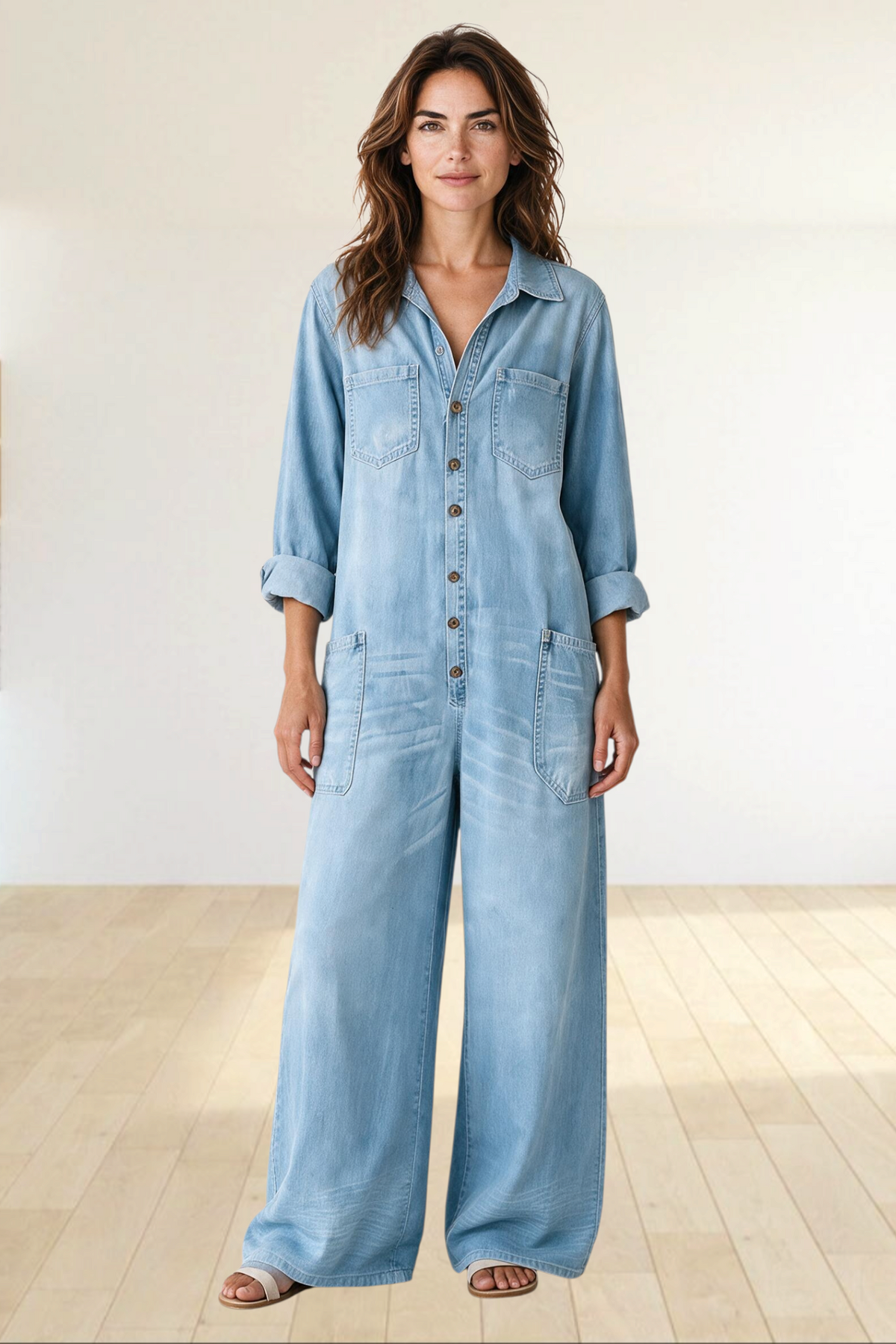 Model wearing a Baya Wear light wash denim button down jumpsuit with wide legs and chest pockets in a bright room