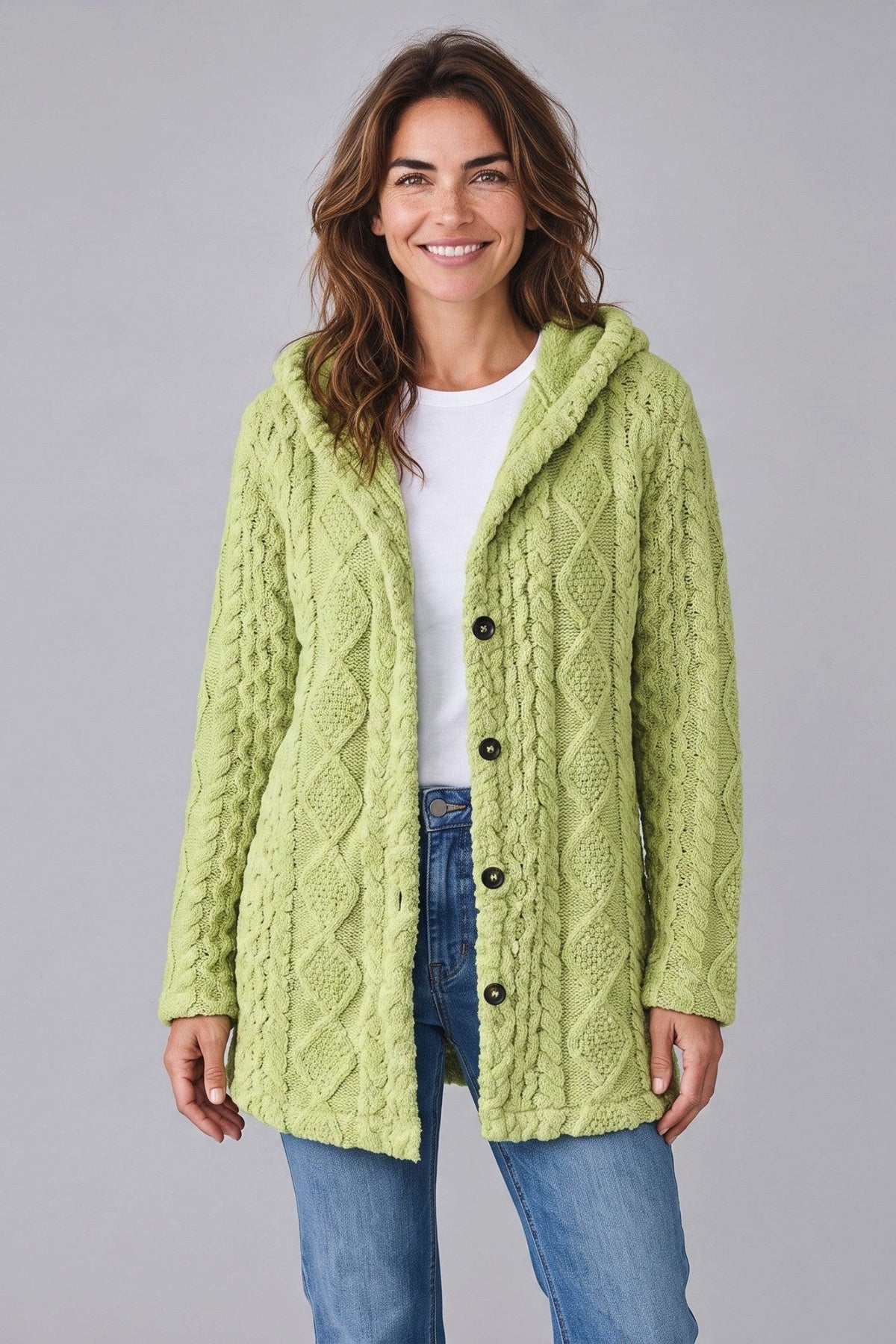 Baya Wear lime green hooded fleece cardigan with a raised cable texture, button front, and longline silhouette.