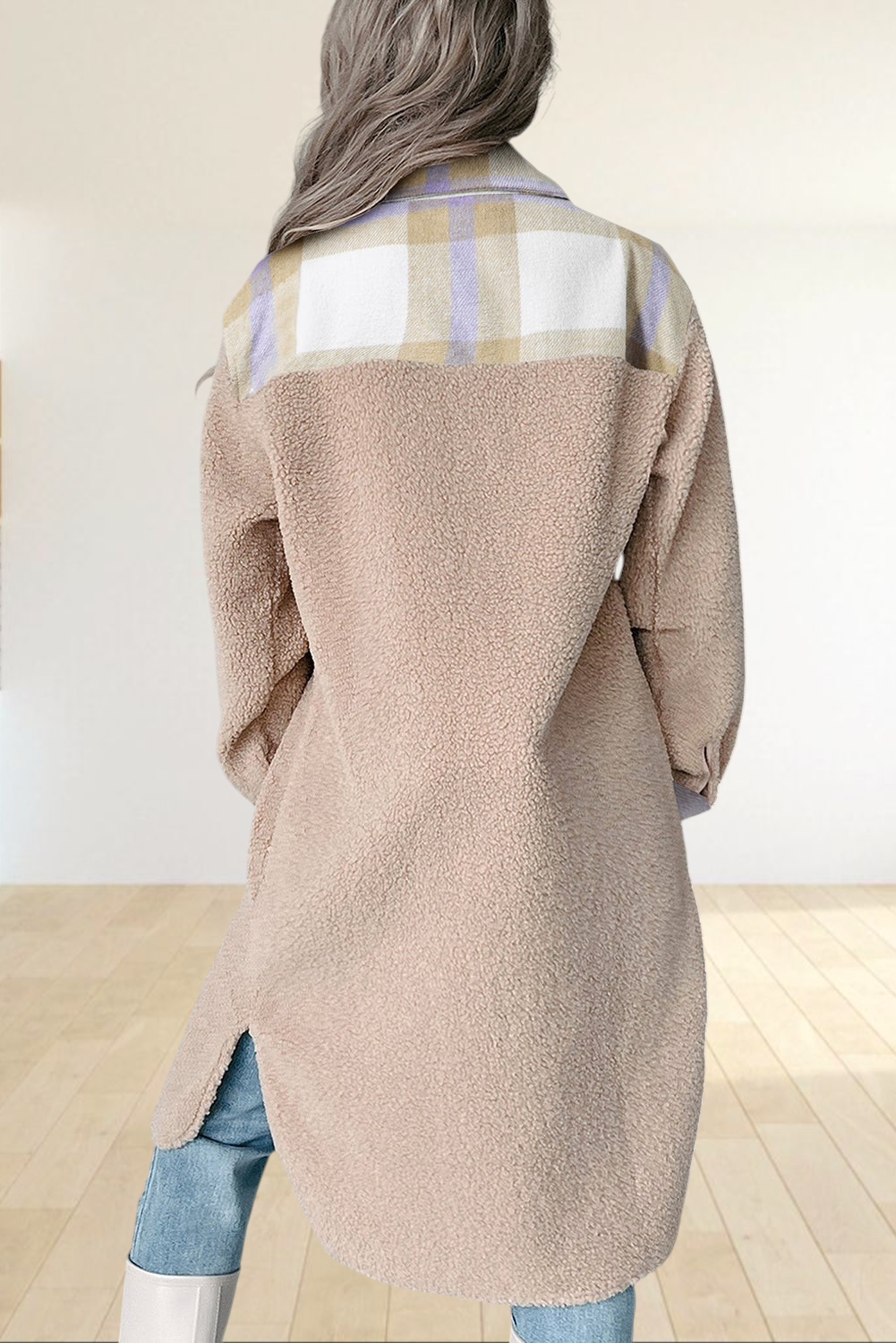 Baya Wear longline teddy fleece shacket in beige with plaid patchwork back panel and side slits