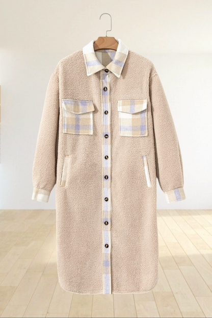Baya Wear longline teddy fleece shacket in beige with plaid patchwork accents on the collar, pockets, and cuffs.