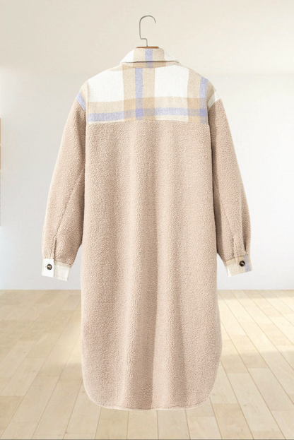 Baya Wear longline teddy fleece shacket in beige with plaid patchwork details on the back yoke and cuffs
