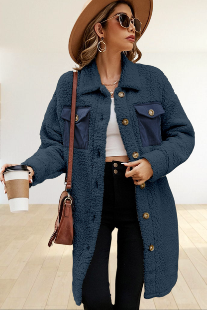 Baya Wear longline navy teddy fleece shacket with contrast corduroy chest pockets and button-front closure.