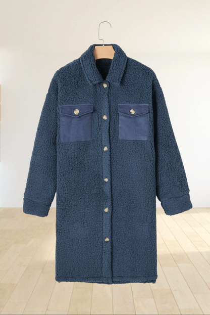 Baya Wear longline navy blue teddy fleece shacket with contrast corduroy chest pockets and button-front closure.
