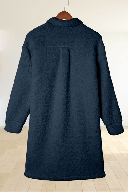 Baya Wear longline teddy fleece shacket in navy blue, featuring a soft plush texture and classic button-up collar.