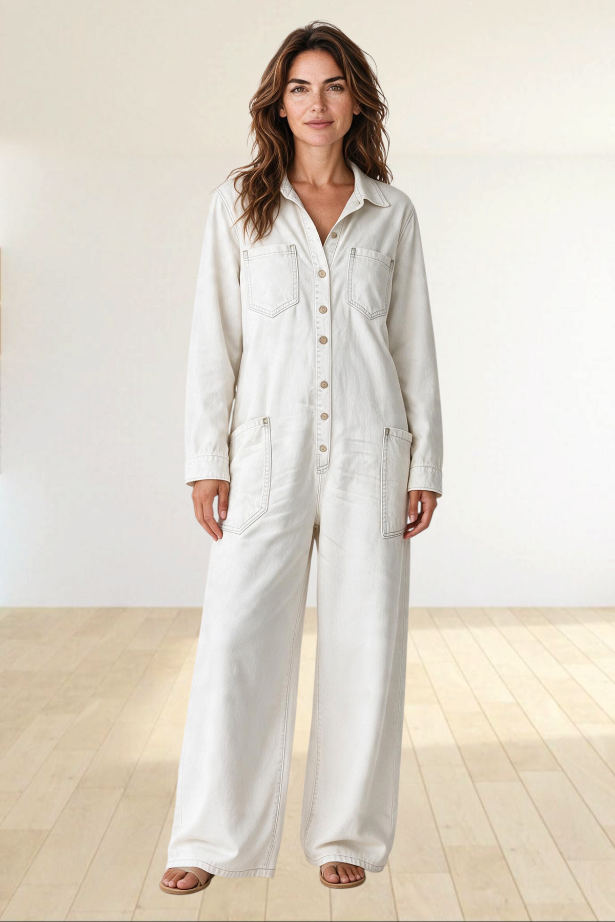 Baya Wear casual off-white denim button-down jumpsuit with long sleeves and wide-leg fit worn by a woman