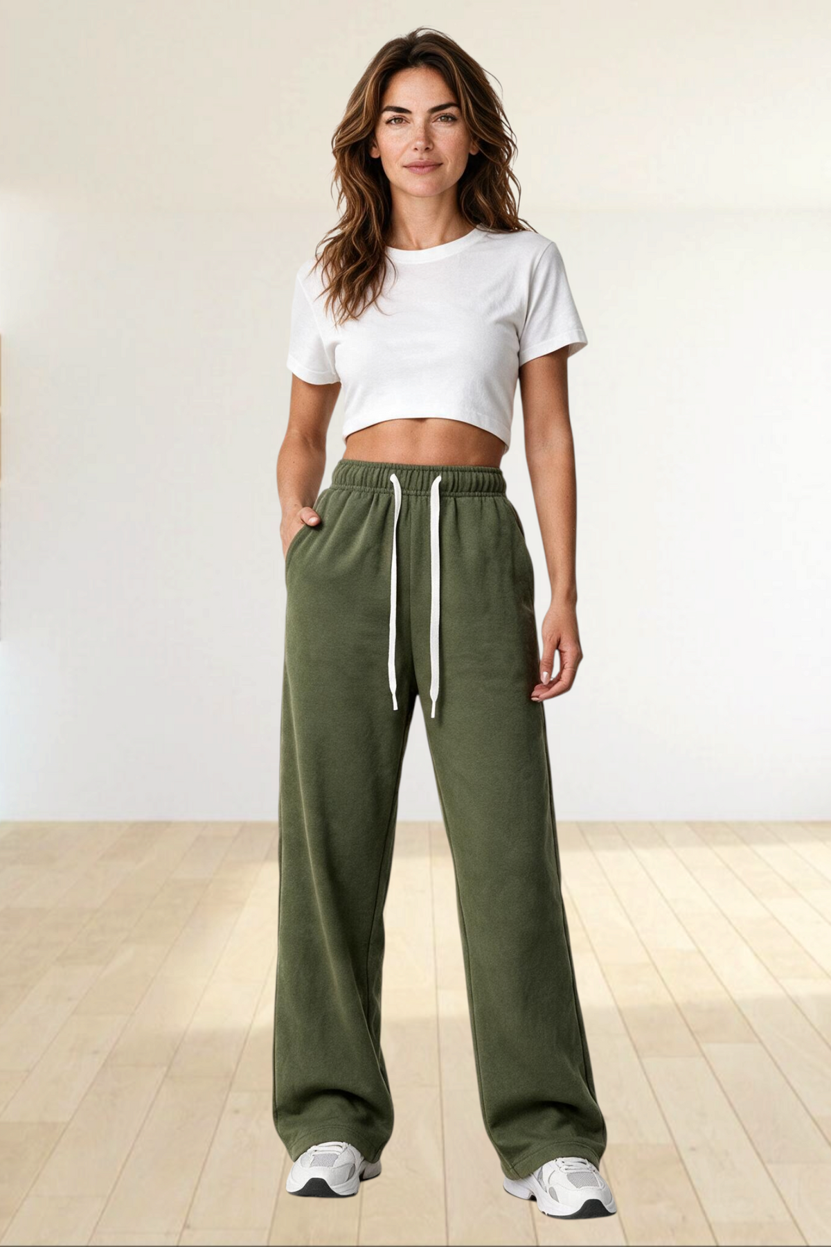 Baya Wear women's high waisted olive green wide leg fleece lounge sweatpants with an adjustable white drawcord.