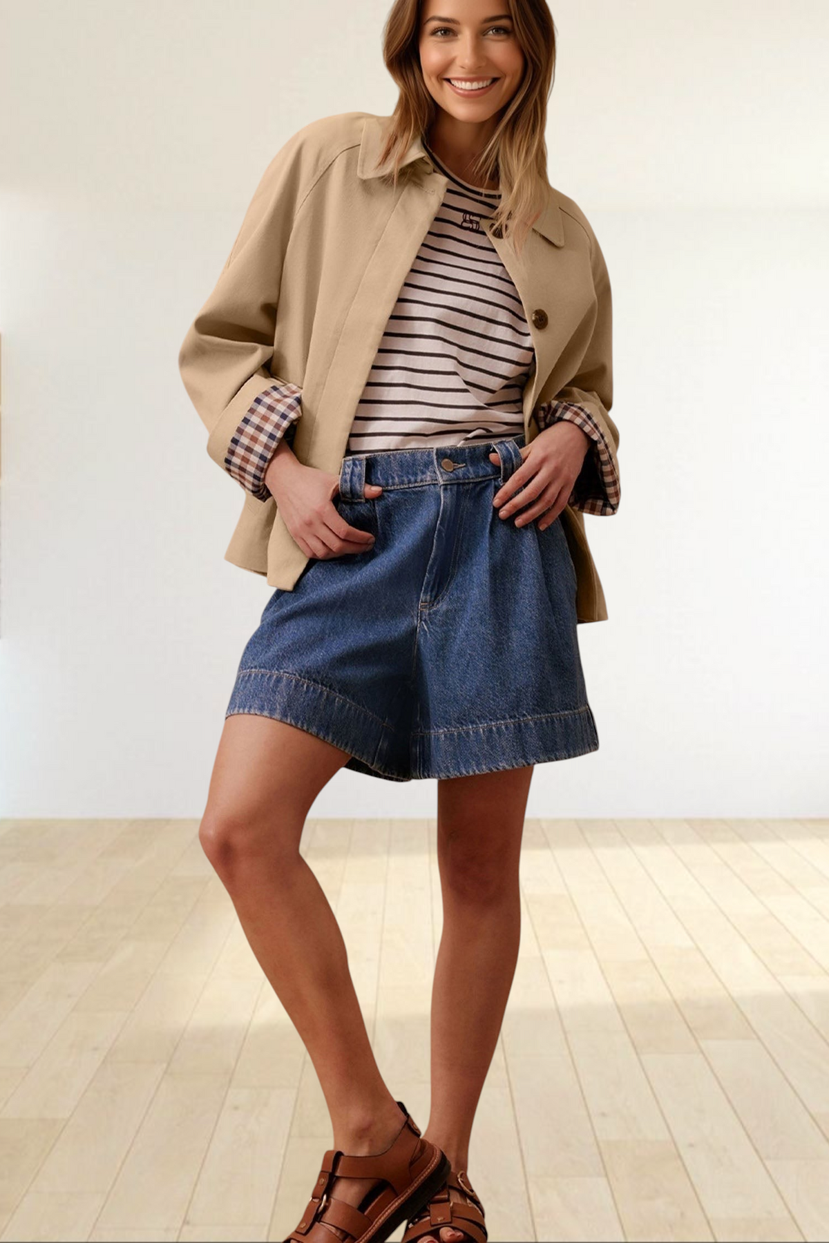 Baya Wear parchment beige cropped trench coat with plaid lining worn over a striped shirt and denim shorts
