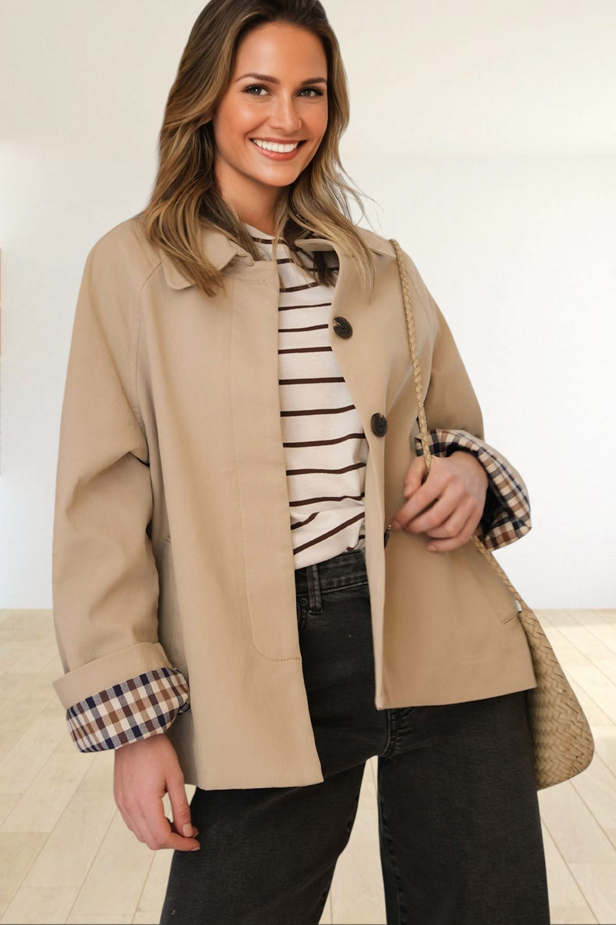Baya Wear parchment beige cropped trench coat with button front and plaid lining worn by a smiling woman