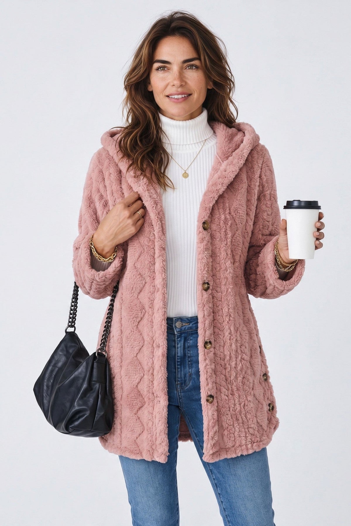 Baya Wear pink hooded fleece cardigan with cable texture, button front, and decorative side buttons on a model