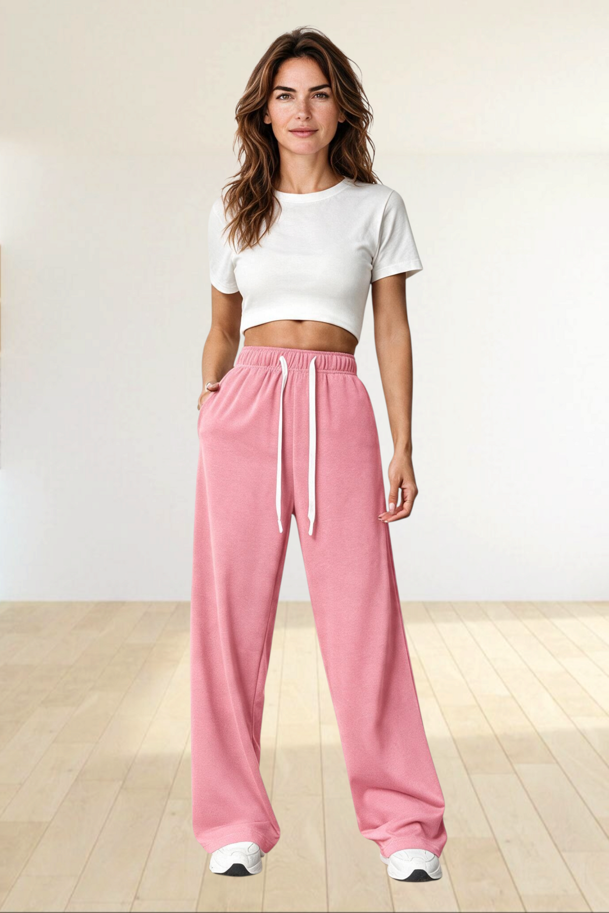 Baya Wear women's pink high waisted wide leg lounge sweatpants in polyester fleece with an adjustable drawcord
