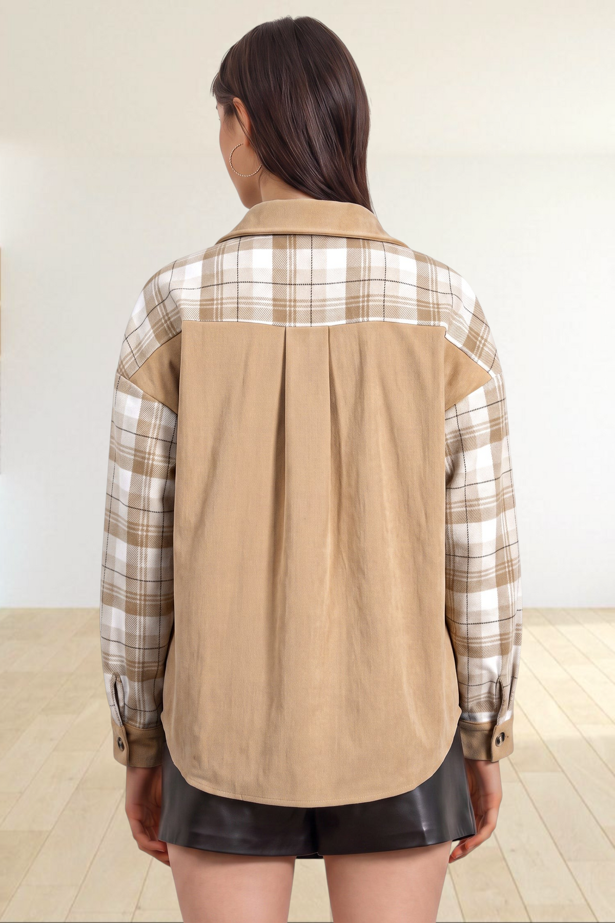 Back view of Baya Wear light French beige and cream plaid colorblock shacket with a pleated back panel