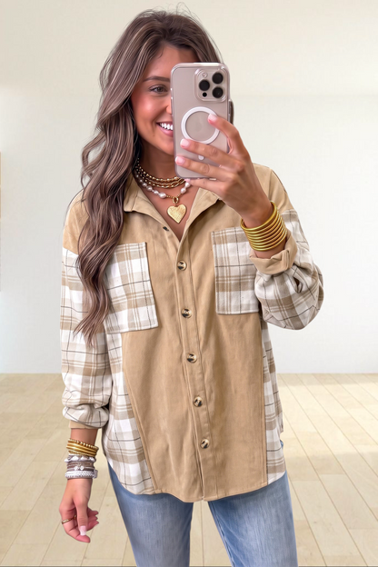 Baya Wear light French beige and cream plaid colorblock button-down shacket with chest pockets and relaxed fit