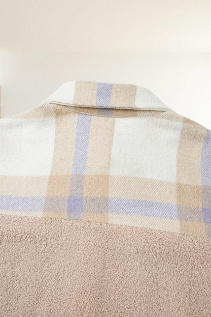 Baya Wear longline shacket featuring a beige and lavender plaid collar and upper panel with soft textured sherpa base