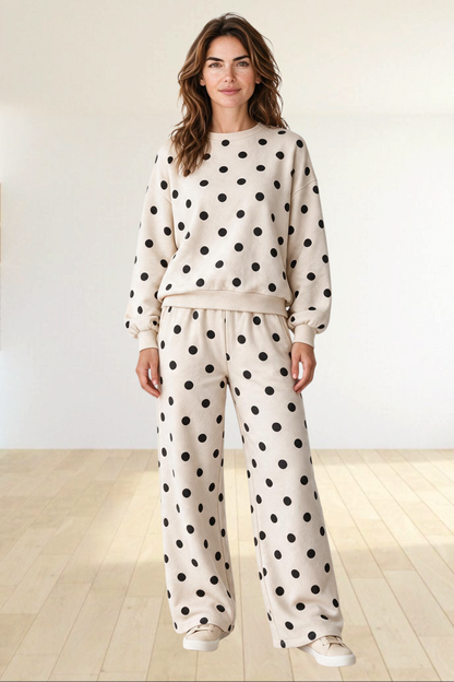 Baya Wear women's beige polka dot lounge set with crewneck balloon sleeve sweatshirt and wide leg pants.