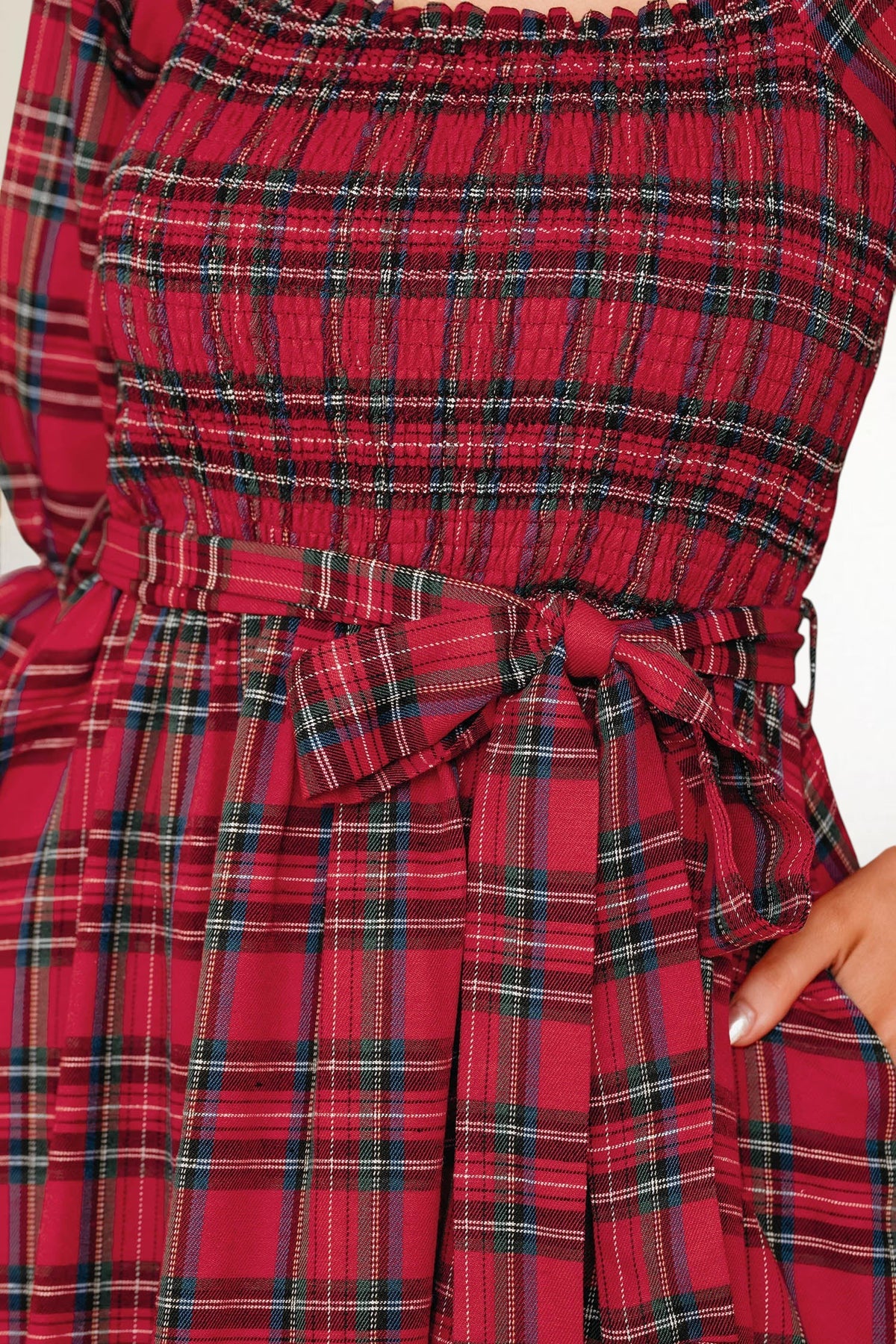 Baya Wear red tartan plaid midi dress featuring a smocked bodice, square neckline, and a functional waist tie.