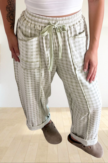 Baya Wear sage green gingham wide leg lounge pants with drawstring waist, contrast stitching, and front pockets.