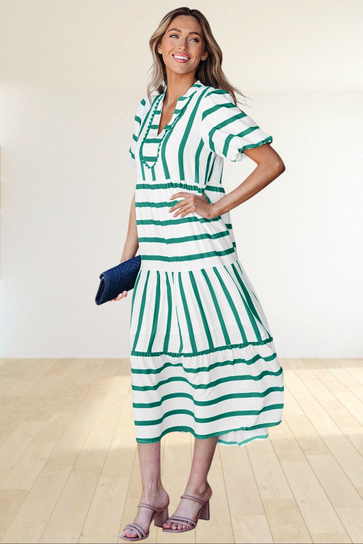 Baya Wear tiered midi dress in white and green stripes with a notched neckline, ricrac trim, and half sleeves.