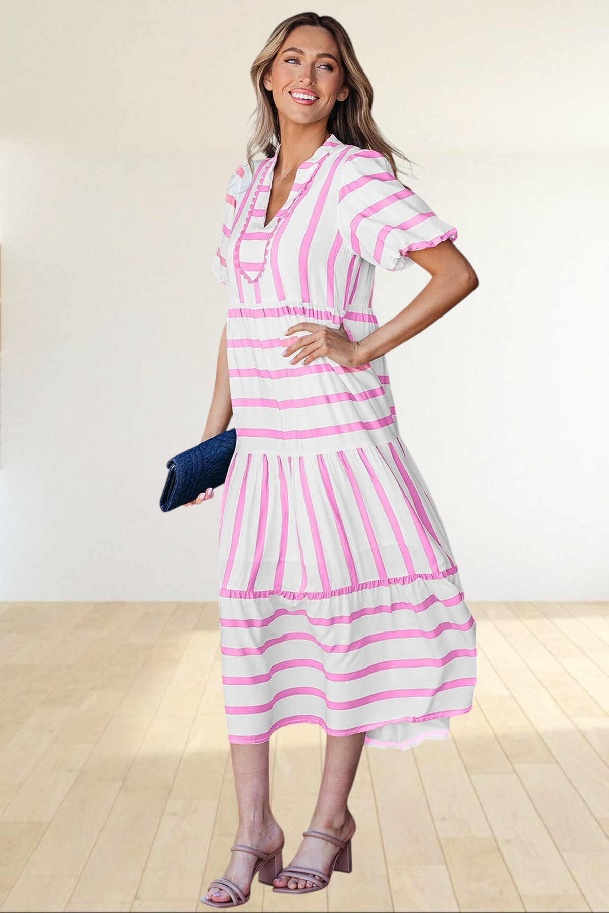 Baya Wear tiered midi dress in white and pink stripes with a notched neckline, ricrac trim, and half-length sleeves.