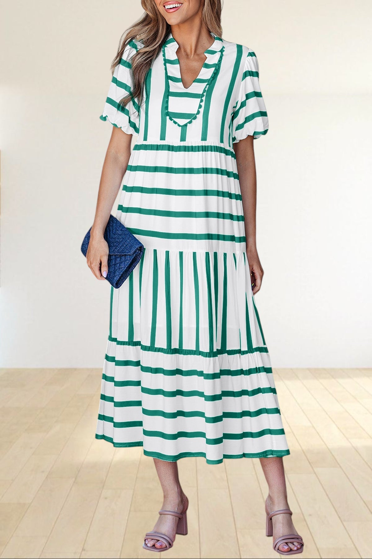 Baya Wear tiered midi dress in white and green stripes with a notched neckline, ricrac trim, and half sleeves.