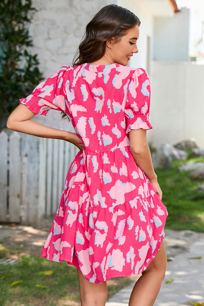Pink Abstract Printed Puff Short Sleeve Tiered Loose Dress Main Image